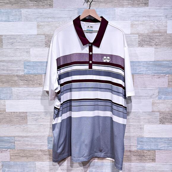 adidas White and Gray Striped Polo Shirt - Picture 1 of 7